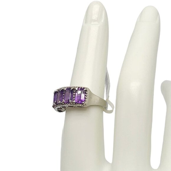 Purple Amethyst Filigree Panel Ring Silver Plated Size 6 Signed SB - Picture 4 of 7